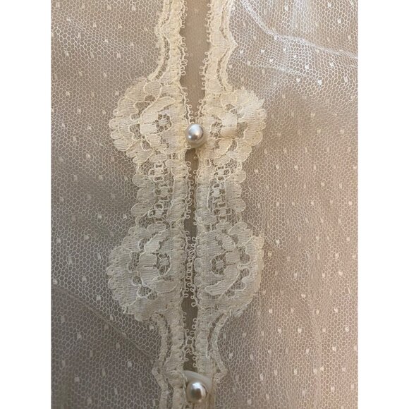 Vintage Ivory Lace Long Sheer Gown Robe Pearl Buttons & Puff Sleeves - Picture 4 of 11